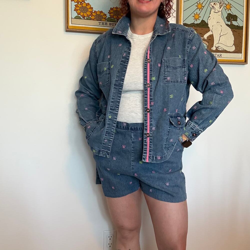 Alfred Dunner upcycled denim embroidered butterfly two piece set size 14